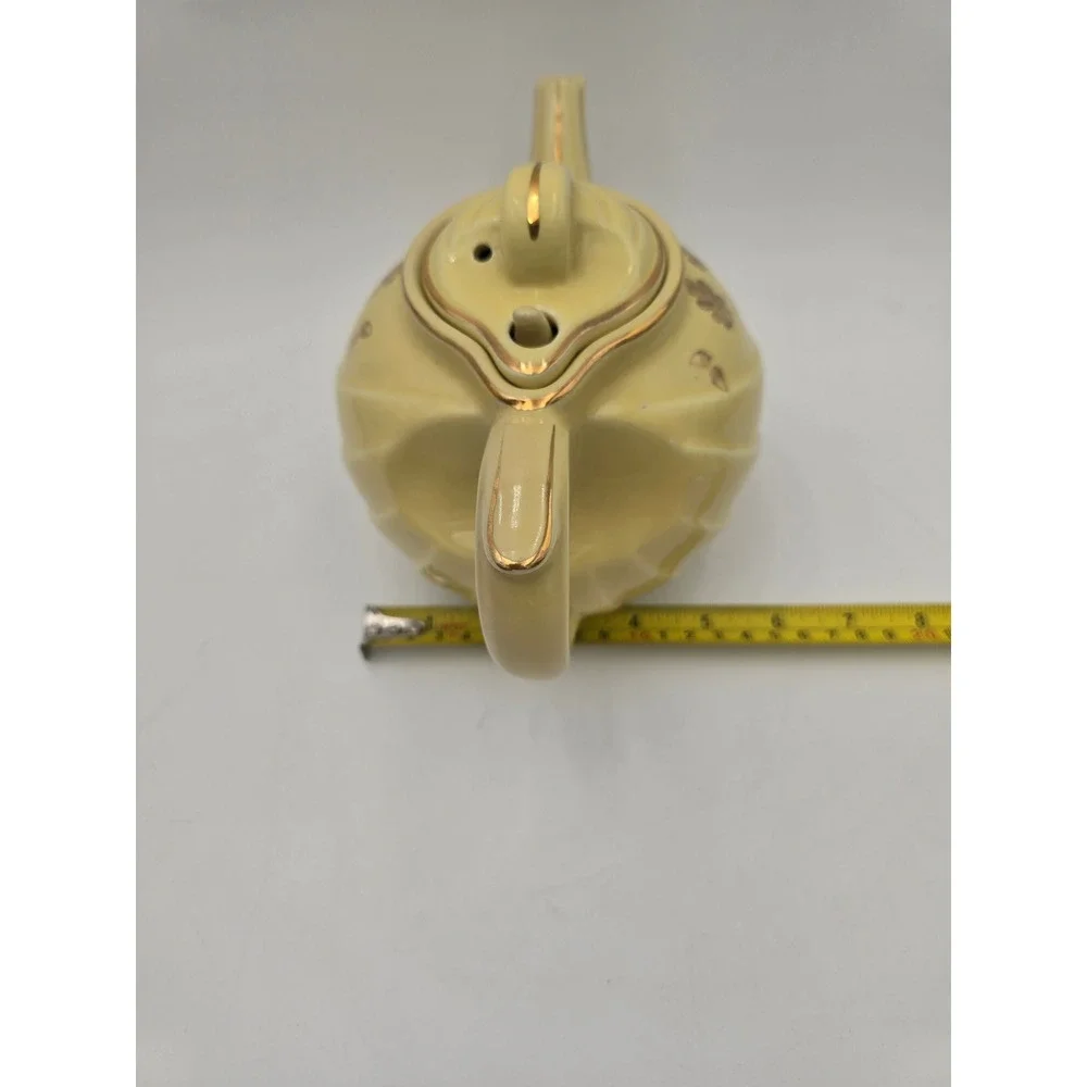 Hall China Yellow Teapot Gold‎ Leaf Acorn Swirl Pattern Vintage Ceramic